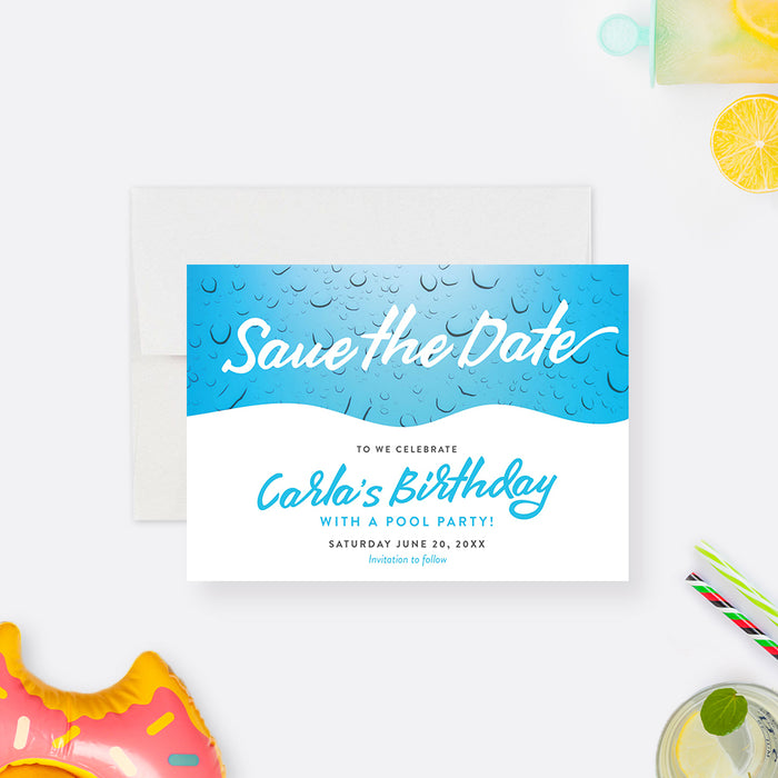 Fun Pool Party Save the Date For Kids, Summer Birthday Bash Save the Date Card for Children, Swimming Party Save the Dates with Cool Water Droplets