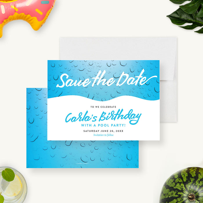 Fun Pool Party Save the Date For Kids, Summer Birthday Bash Save the Date Card for Children, Swimming Party Save the Dates with Cool Water Droplets