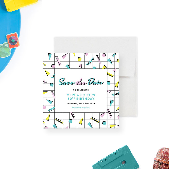 80s Birthday Party Save the Date Card in Memphis Style, Retro Theme Party Save the Dates, Geometric Save the Dates for 40th 50th 60th 70th birthday Bash