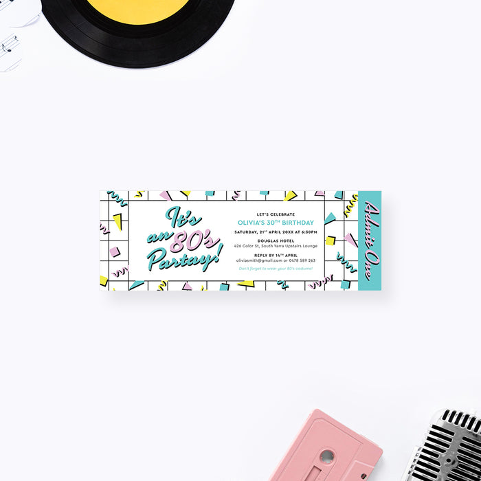80s Birthday Party Ticket Invitation Card in Memphis Style, 1980s Retro Themed Party Ticket Invites, Geometric Ticket for 40th 50th 60th 70th Birthday Bash