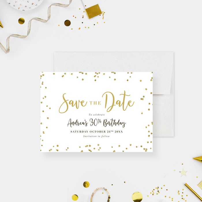 Birthday Party Save the Date Card with Gold Confetti, Elegant Save the Date for Adult Birthday Bash, Save the Dates for 21st 25th 30th 40th 50th Birthday Celebration