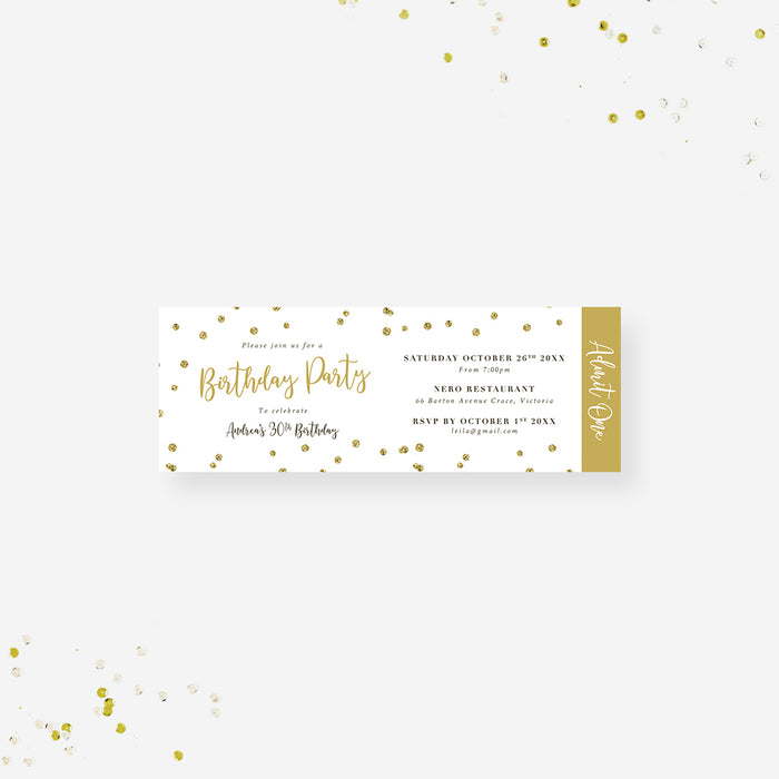 Adult Birthday Party Ticket Invitation with Gold Confetti, Elegant Ticket Invites for 30th 40th 50th 60th 70th Birthday Celebration