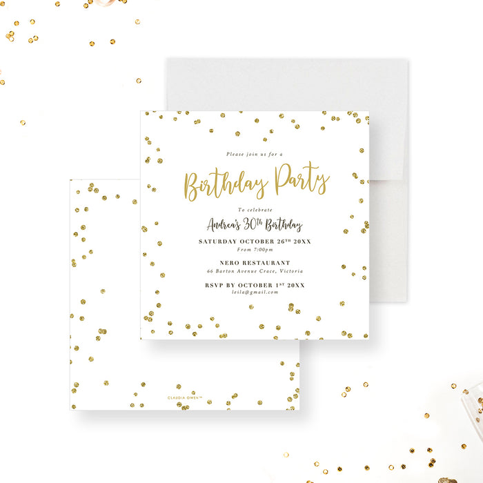 Birthday Party Invitation Card with Gold Confetti, Elegant Invitation for 30th 40th 50th 60th 70th Birthday Celebration