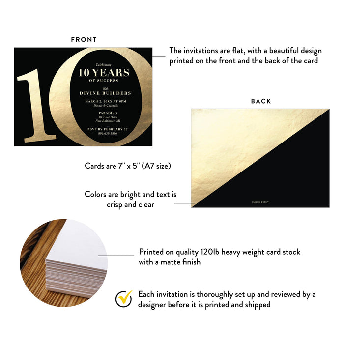 Black and Gold Invitation Card for 10th Business Anniversary Party, 10 Years in Business Anniversary Celebration, 10 Years of Success, 10th Wedding Anniversary Invites