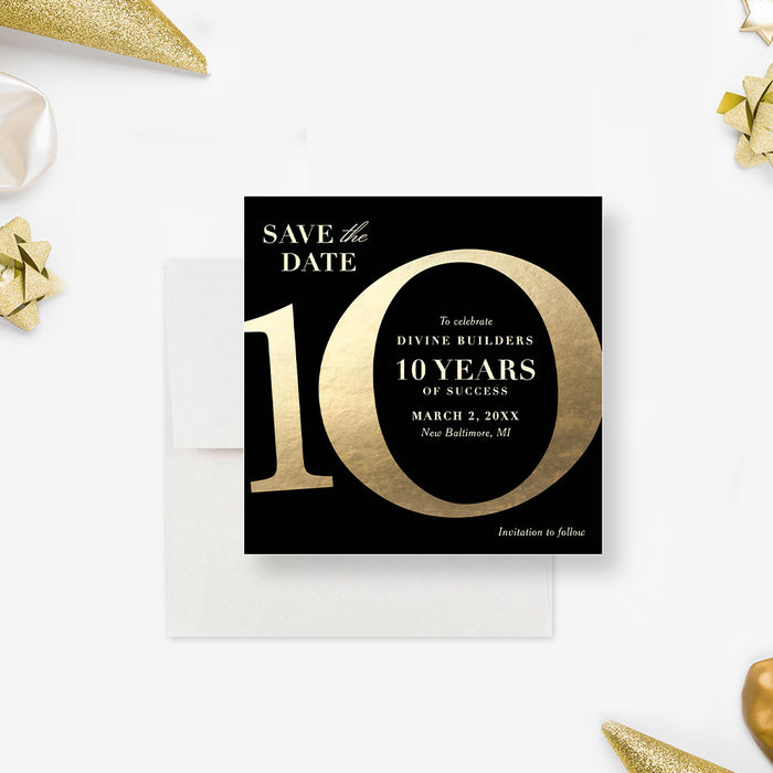 Black and Gold Save the Date Card for 10 Years in Business Anniversary Celebration, 10th Company Anniversary Save the Dates