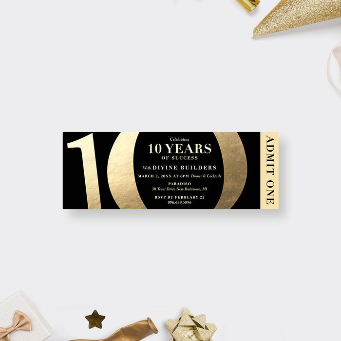 Black and Gold Ticket Invitation for 10 Years in Business Anniversary Celebration, Elegant Ticket for 10 Years of Success, 10th Anniversary Ticket Invites