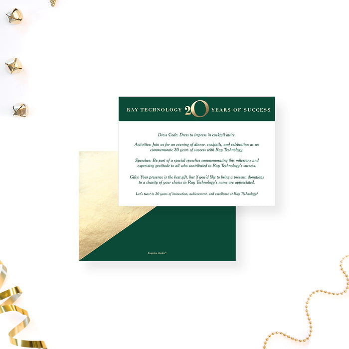 Green and Gold Invitation Card for 20th Business Anniversary Party, Cheers to 20 Years in Business, Elegant Invitation for 20th Wedding Anniversary Celebration Invites