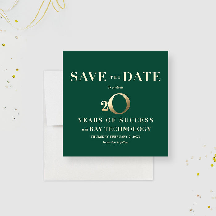 Green and Gold Save the Date Card for 20 Years in Business Party, Elegant Save the Date for 20th Wedding Anniversary Celebration