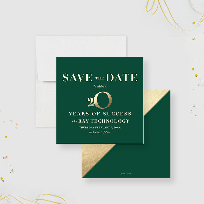 Green and Gold Save the Date Card for 20 Years in Business Party, Elegant Save the Date for 20th Wedding Anniversary Celebration