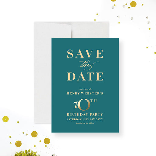 a teal and gold save the date card for a 70th celebration