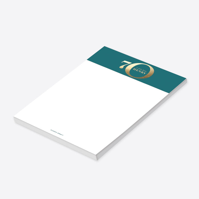 Teal and Gold 70th Birthday Notepad, 70th Business Anniversary Stationery Office Pad
