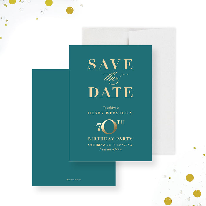 Teal and Gold 70th Birthday Save the Date Card, Elegant Save the Date for Seventieth Birthday Celebration, 70th Business Anniversary Save the Date