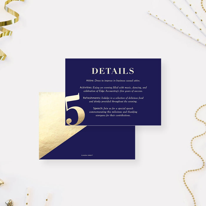 Blue and Gold Elegant Invitation Card for 5th Business Anniversary Party, 5 Years in Business Celebration, 5th Wedding Anniversary Party Invites