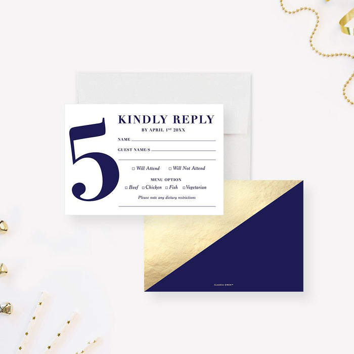 Blue and Gold Elegant Invitation Card for 5th Business Anniversary Party, 5 Years in Business Celebration, 5th Wedding Anniversary Party Invites