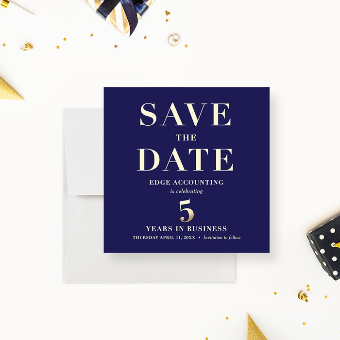 Blue and Gold Elegant Save the Date Card for 5 Years in Business Anniversary Party, Save the Date for 5th Business Anniversary, 5th Company Anniversary Save the Dates