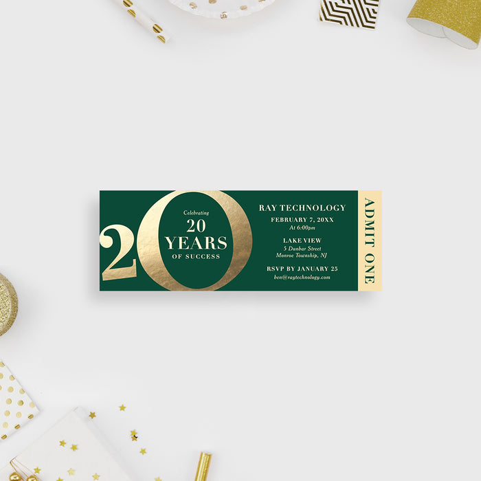 Green and Gold Ticket Invitation for 20 Years in Business Celebration,  20th Business Anniversary Ticket, Elegant Ticket for 20th Wedding Anniversary Party