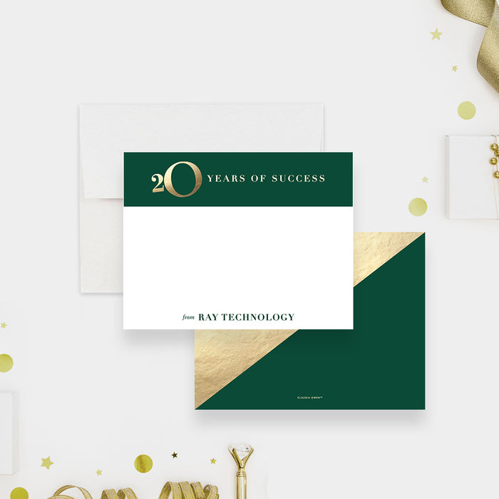20 Years of Success Business Note Card, Green and Gold Anniversary Thank You Card, 20th Business Milestone Correspondence Card