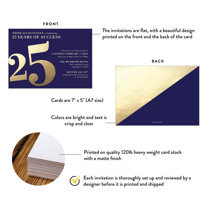Blue and Gold Invitation Card for 25 Years of Success in Business Celebration, Business 25th Anniversary Party Invitation, Elegant Invites for Company Anniversary Event