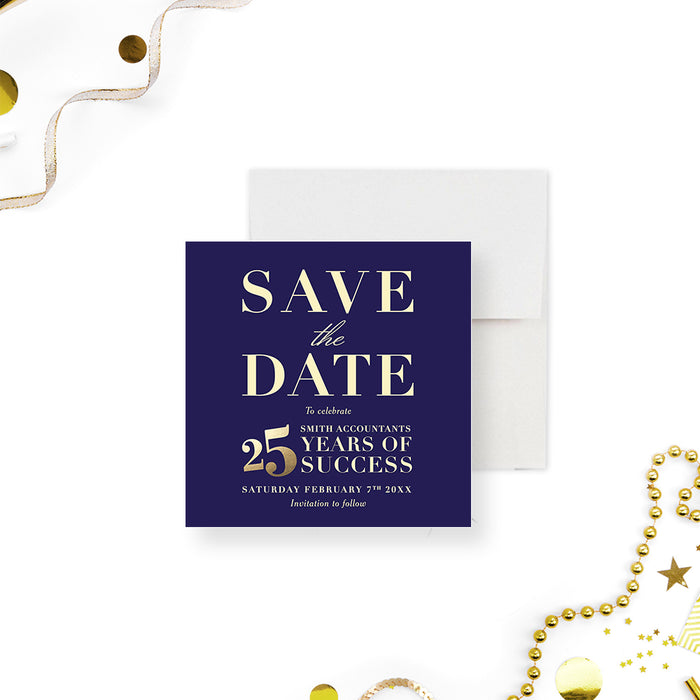 Blue and Gold Save the Date Card for 25 Years of Success in Business Celebration, Elegant Save the Date for 25th Business Anniversary
