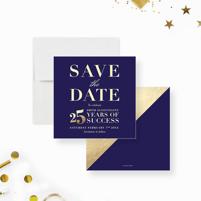 Blue and Gold Save the Date Card for 25 Years of Success in Business Celebration, Elegant Save the Date for 25th Business Anniversary