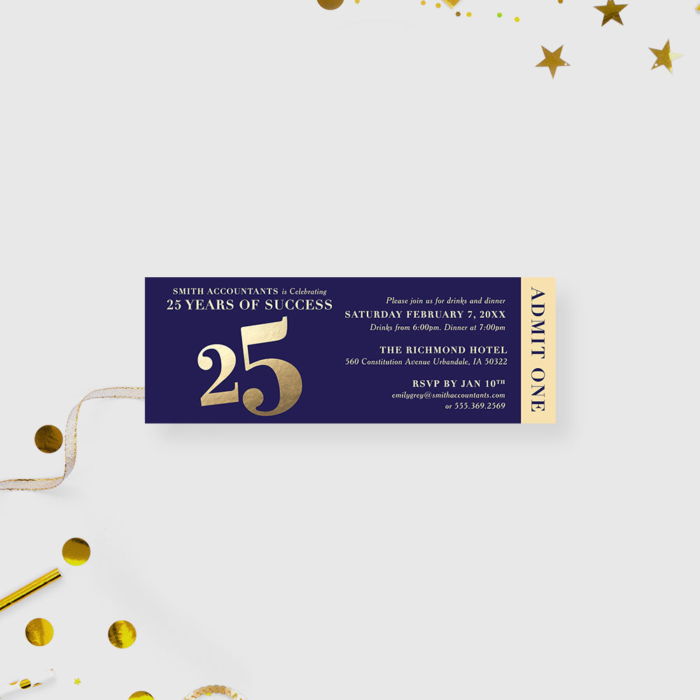 Blue and Gold Ticket Invitation for 25 Years of Success in Business Ce