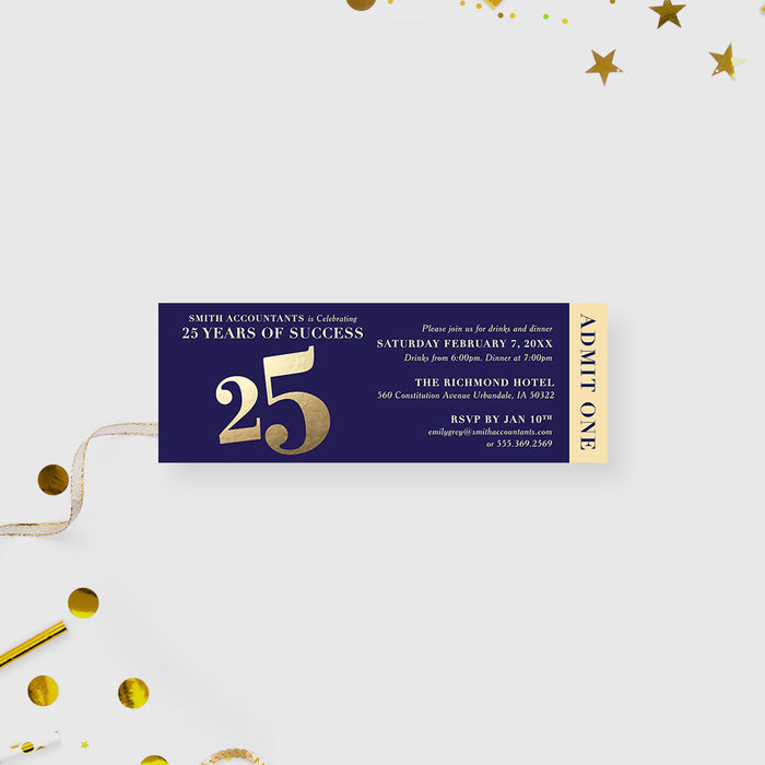 Blue and Gold Ticket Invitation for 25 Years of Success in Business Celebration, Elegant Ticket for Business 25th Business Anniversary Party