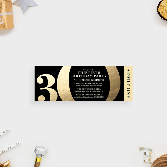 Black and Gold 30th Birthday Ticket Party Invitation, Elegant 30th Business Anniversary Ticket Invites