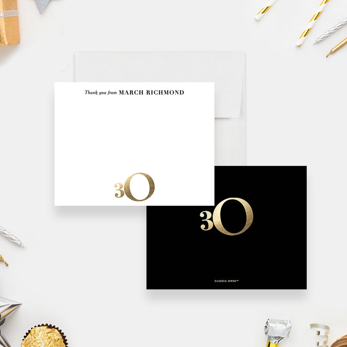 Black and Gold 30th Birthday Thank You Cards, Elegant Professional Stationery Correspondence Card, 30th Business Anniversary Thank You Notes