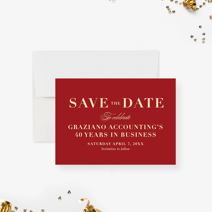Red and Gold Save the Date Card for 40 Years in Business Celebration, Elegant Fortieth Wedding Anniversary, Save the Date for Ruby Anniversary Party