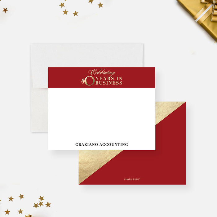 Red and Gold Note Card for 40 Years in Business Celebration, Elegant Thank You Card for Fortieth Wedding Anniversary, Ruby Anniversary Stationery Card