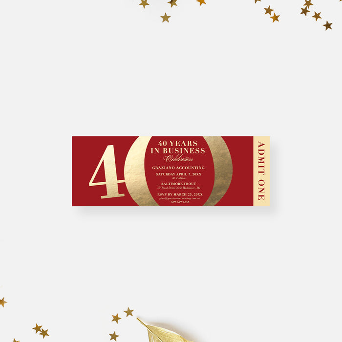 Red and Gold Ticket Invitation for 40 Years in Business Celebration, Elegant Ticket for 40th Ruby Wedding Anniversary, Ticket Invites for 40th Business Anniversary Party