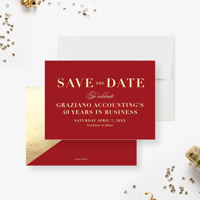 Red and Gold Save the Date Card for 40 Years in Business Celebration, Elegant Fortieth Wedding Anniversary, Save the Date for Ruby Anniversary Party