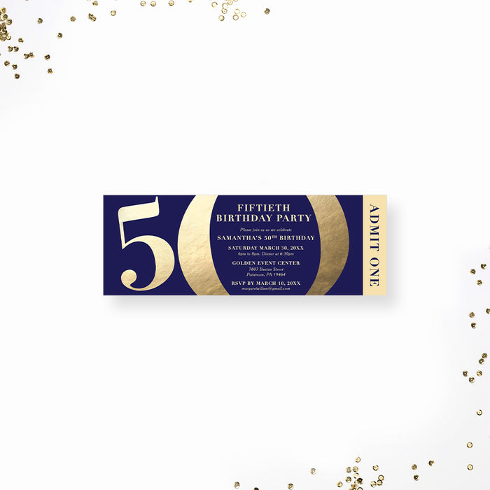 Royal Blue and Gold Ticket Invitation for 50th Birthday Party, Elegant 50th Business Anniversary Ticket