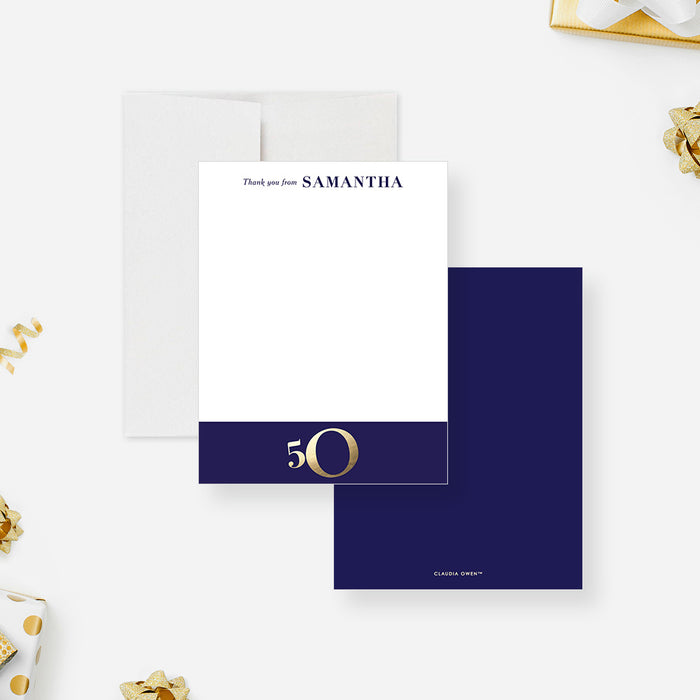 Royal Blue and Gold 50th Birthday Thank You Card, Elegant 50th Business Anniversary Thank You Note