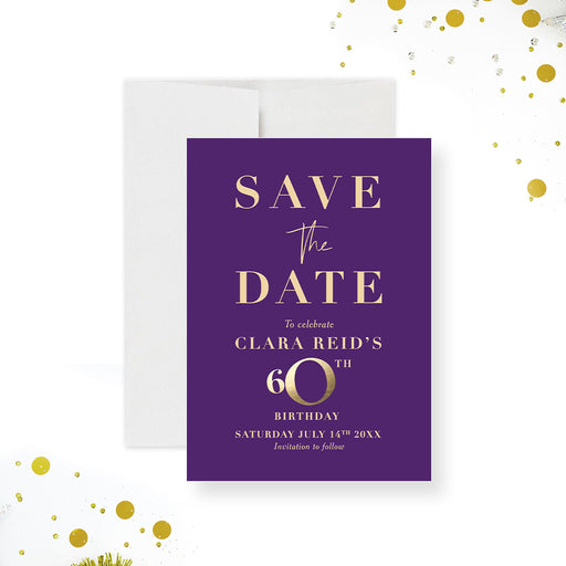 a purple and gold save the date card