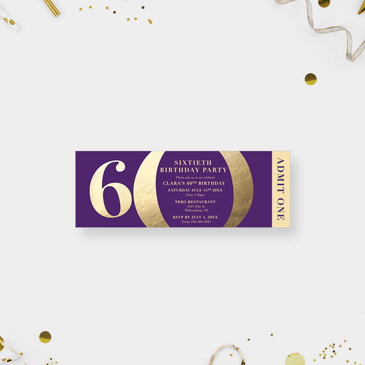 a purple and gold 60th birthday party ticket invitation 