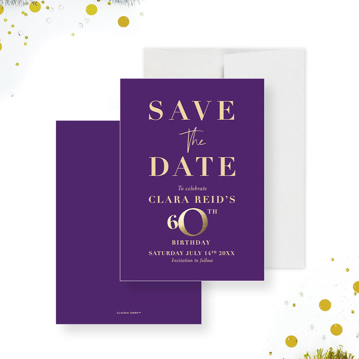Gold and Purple 60th Birthday Save the Date Card, Save the Dates for 60th Business Anniversary Celebration, 60 Years