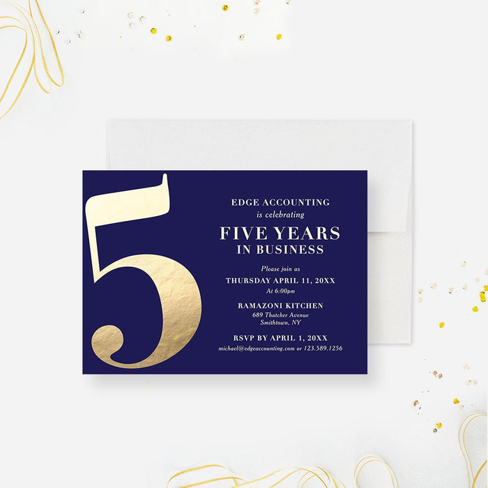 Blue and Gold Elegant Invitation Card for 5th Business Anniversary Party, 5 Years in Business Celebration, 5th Wedding Anniversary Party Invites