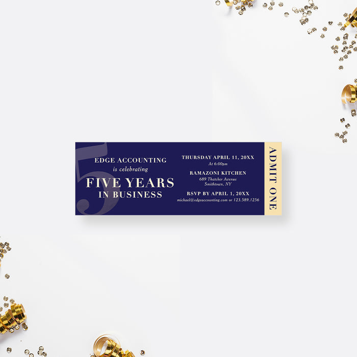 Blue and Gold 5 Years in Business Ticket Invitation Card, 5th Business Anniversary Party Ticket Invites