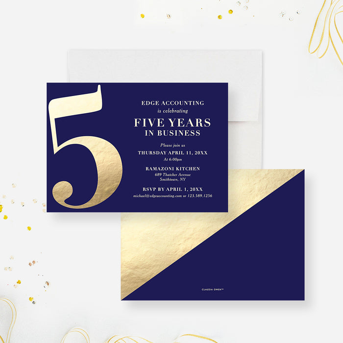 Blue and Gold Elegant Invitation Card for 5th Business Anniversary Party, 5 Years in Business Celebration, 5th Wedding Anniversary Party Invites