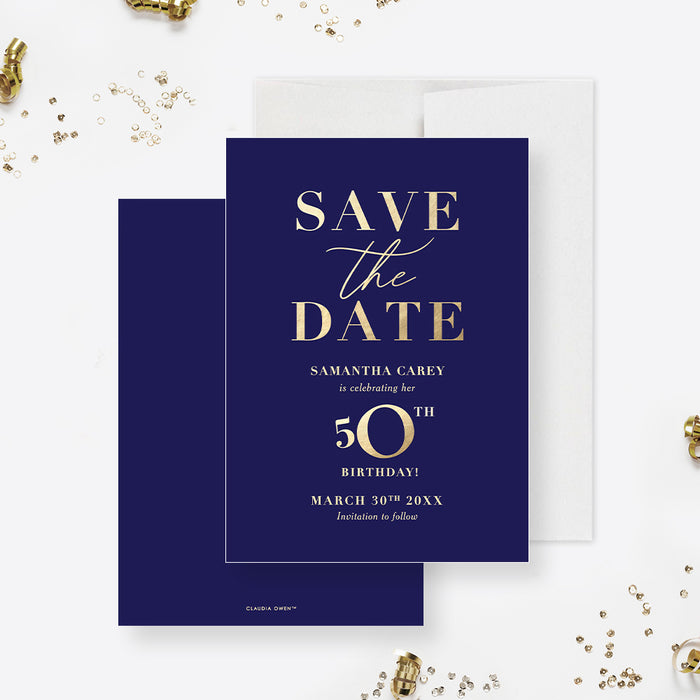 Royal Blue and Gold 50th Birthday Save the Date Card, Elegant Save the Date for 50th Business Anniversary Party, Save the Date for 50th Milestone Celebration