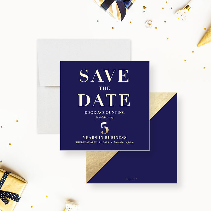Blue and Gold Elegant Save the Date Card for 5 Years in Business Anniversary Party, Save the Date for 5th Business Anniversary, 5th Company Anniversary Save the Dates