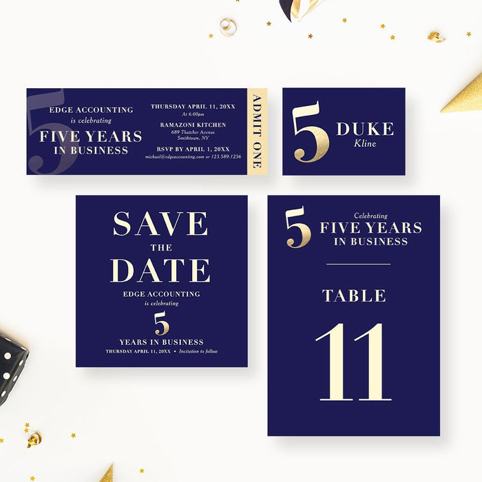 Blue and Gold Elegant Invitation Card for 5th Business Anniversary Party, 5 Years in Business Celebration, 5th Wedding Anniversary Party Invites