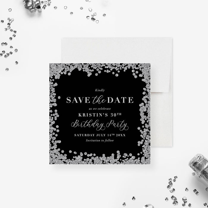 Black and Silver Diamonds Save the Date Card for Adult Birthday Party, Elegant Save the Dates for 21st 25th 30th 40th 50th 60th Birthday Bash