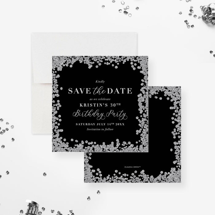 Black and Silver Diamonds Save the Date Card for Adult Birthday Party, Elegant Save the Dates for 21st 25th 30th 40th 50th 60th Birthday Bash