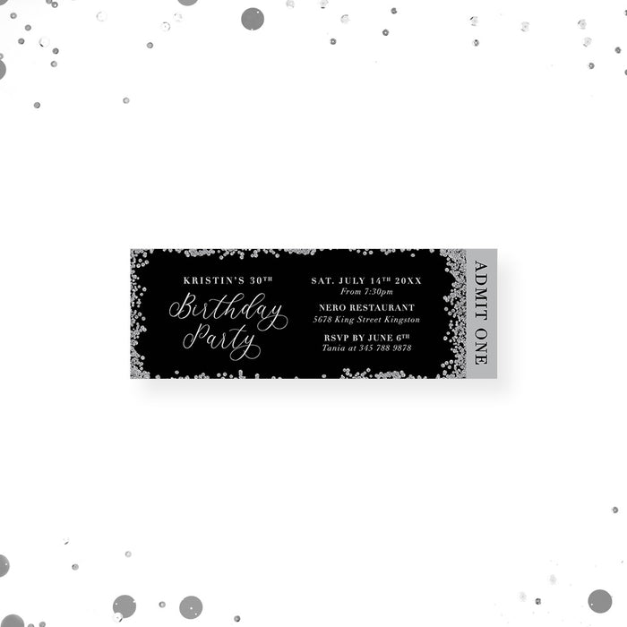 Black and Silver Diamond Birthday Ticket Invitation, Elegant Ticket Card for 21st 25th 30th 40th 50th 60th Birthday Bash
