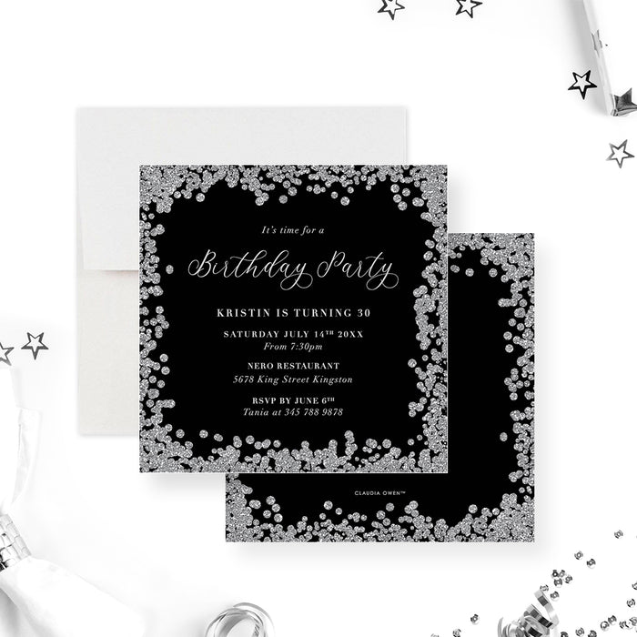 Black and Silver Birthday Invitation Card for Adults, 21st 25th 30th 40th 50th 60th Birthday Invites, Elegant Invitation for Gala Night