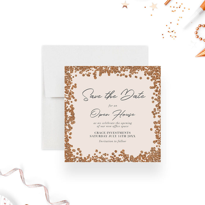 Elegant Open House Party Save the Date Card, Business Open House Save the Date, Business Event Save the Dates with Faux Glitter
