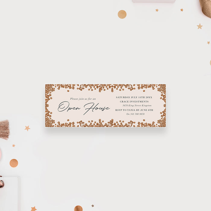 Elegant Business Open House Party Ticket Invitation, Office Open House Ticket Invites, Professional Open House Ticket with Faux Golden Glitter