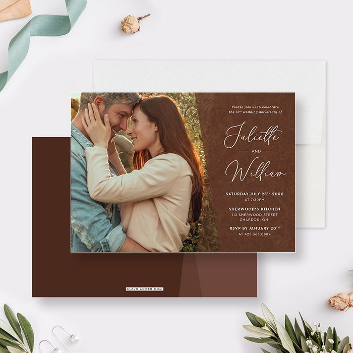 10th 20th 30th 40th Wedding Anniversary Invitation with Romantic Photo, Marriage Anniversary Invites, Vow Renewal Invites with Photo, Simple Wedding Anniversary in Chocolate Brown